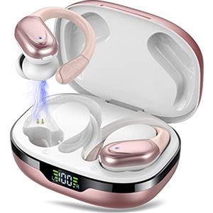 CASCHO Cuffie Bluetooth, Auricolari Bluetooth 5.3 con Gancio per Orecchio, 60H con Indicatore LED per Cassa di Ricarica, Chiamata ENC HD, Vestibilità Comoda, Basso Profondo, IPX7 Impermeabile(Rosa)