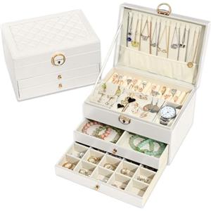 Granbest Portagioie a 3 strati con 2 cassetti, Elegante Portagioie in pelle, ideale per collane, bracciali, anelli e orecchini (Bianco)