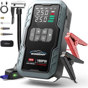 Wonsidary Booster Avviamento Auto 7000A con Compressore 160 PSI, 27000 mAh | Avviatore Batteria Auto 12 V Benzina e Diesel fino a 8,0 L, Doppia Luce LED 600+400 lm, Soluzione di Emergenza Portatile