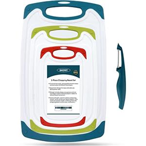 SKERITO Set di taglieri da cucina in plastica senza BPA，3 pezzi ，colorato | Senza BPA, lavabile in lavastoviglie, pelapatate incluso, piedini antiscivolo, scanalatura per succhi, 3 dimensioni