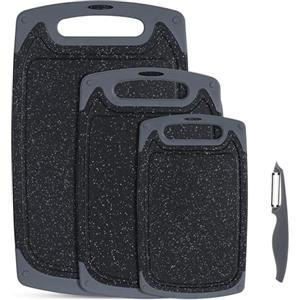 SKERITO Set di taglieri da cucina in plastica senza BPA，3 pezzi, nero | Senza BPA, lavabile in lavastoviglie, pelapatate incluso, piedini antiscivolo, scanalatura per succhi, 3 dimensioni