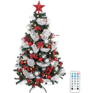 HOMCOM Albero di Natale 180cm, 200 Luci LED Bianco Caldo con Telecomando | Folto Realistico, 8 Modalità, 800 Rami in PVC Ignifughi, Palline, Nastri, Fiocchi, Base Pieghevole Metallo, Facile Montaggio