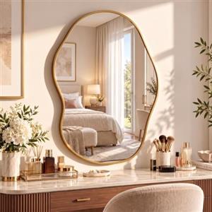 MAMIZO Specchio asimmetrico da parete, 70x101cm, Grande pecchio ingresso | Specchio decorativo, cornice in alluminio, vetro temperato, per soggiorno, bagno, camera da letto, soggiorno, corridoio, Oro