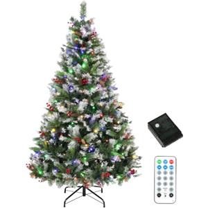 HOMCOM Albero di Natale Innevato 210cm, 400 Luci LED 2 Colori, 11 Modalità | Abete Folto Realistico, Telecomando, 1253 Rami Ignifughi, Pigne, Bacche Rosse, Base Pieghevole in Acciaio, Facile Montaggio