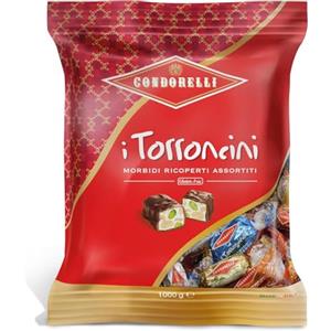 Generico Torroncini Condorelli Assortiti, Confezione 1kg +60g in omaggio, Torrone alle Mandorle e Pistacchi con Copertura al Cioccolato, 7 Gusti, Specialità Siciliana