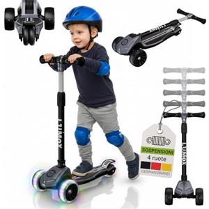 JUSKYS® Lumox - Monopattino per bambini a 3 ruote, con ruote a LED, regolabile in altezza, pieghevole e freno posteriore, colore: nero/rosa/blu