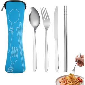 ITCGOB Set Posate da Viaggio 5 Pezzi in Acciaio Inox con Custodia Blu, Kit Posate Portatili con Coltello Forchetta Cucchiaio Bacchette per Pranzo Ufficio, Campeggio, Picnic e Scuola