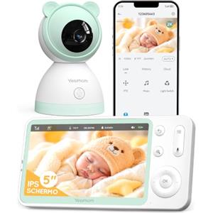 YESIMOM Baby Monitor WiFi 2K/3MP con Schermo 5″ e App, Wi-Fi 2,4/5 GHz | Telecamera Bambini con Monitor, 355°PTZ, VOX e visione notturna, auto-tracking, monitor senza WiFi a casa, app da remoto