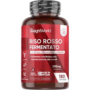 WeightWorld Riso Rosso Fermentato Vegano, 1 Capsula al Giorno da 2,9mg Monacolina K | 6 Mesi, Vitamina B1 come Tiamina, Coenzima Q10 come Ubiquinone, Integratore Riso Rosso Red Yeast Rice con CoQ10 e Vit B1