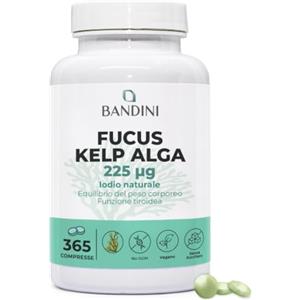 Bandini® Fucus Kelp Algae (Iodio Naturale 225mcg), 365 Compresse (Copertura 1 anno) 100% Vegane, Alga Bruna Titolata allo 0,1% in Iodio, Stimola il Metabolismo Energetico, Unghie, Capelli, Benessere
