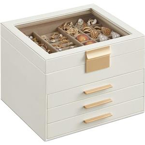 SONGMICS Scatola Portagioie con Coperchio in Vetro, 4 Livelli, 3 Cassetti | Porta Gioielli Glam, Idea Regalo, Bianco Nuvola e Marrone Cammello, 23 x 20 x 16,5 cm, Collezione GISELLA JBC173W01