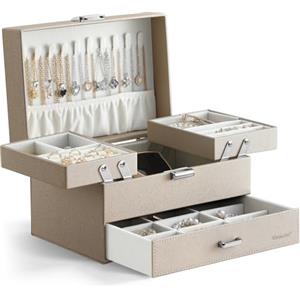 Dajasan Portagioie Donna a 3 Livelli, Scatola Portagioie Grande con 1 Cassetto, Organizzatore Salvaspazio in Pelle Sintetica di Qualità, Supporto Metallico Mobile, Idea Regalo, Moderno (Champagne)