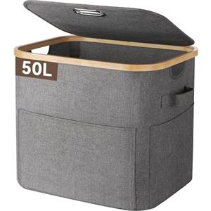 OUSFOT Cesto Portabiancheria Sporca 50L Pieghevole Salvaspazio Basso Grigio | Cesta Panni Sporchi con Tasche Davanti e Robusta Maniglia Impermeabile per Armadi a Muro, Camere da Letto, Lavanderie, Bagno