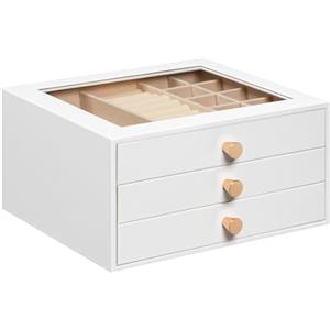 HOOBRO Portagioie Moderno con 3 Cassetti, Portagioie 23 x 20 x 12 cm con Finestra Trasparente e Interno in Velluto per Anelli Orecchini Collane Orologi, Bianco EWT24JB04
