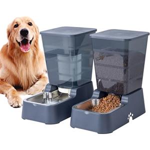 Meijeegu 5 L Distributore Automatico di cibo e Acqua a Gravità per Gatti e Cani, Con Ciotola in Acciaio Inossidabile Senza BPA, Distributore di Cibo x 1 + Distributore di Acqua x 1 (Set Grigio scuro 5 L)
