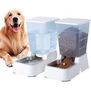 Meijeegu 5 L Distributore Automatico di cibo e Acqua a Gravità per Gatti e Cani, Con Ciotola in Acciaio Inossidabile Senza BPA, Distributore di Cibo x 1 + Distributore di Acqua x 1 (Set Bianco da 5 L)