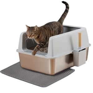 BingoPaw Lettiera Acciaio Inox per Gatti, Pareti Alte 31cm Facile da Pulire | Lettiera Gatto Acciaio Inox Grande, 60,5x40,5x31 cm, 26 L, Aperta, Anti-Dispersione, con Tappetino EVA e Paletta