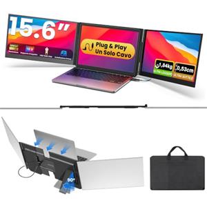 Bunosdias Kwumsy Monitor Portatile 15,6 Pollici - Triplo Schermo per Laptop FHD 1080P IPS, Ultrasottile Monitor Portatile, USB-C Plug & Play con un Solo Cavo, Compatibile Mac/Wins (Fino a 17,3" Pollici Laptop)