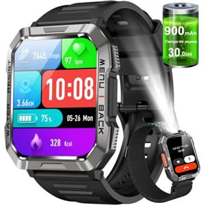 IOWODO Smartwatch Uomo con Torcia LED e Bussola, Batteria 900mAh 30 Giorni | 2.01" Orologio Smartwatch con Chiamate Bluetooth, Monitor della Salute, 100+ Sport, IP68, 2 Cinturini, Android e iOS