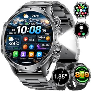 LIGE 1,85" Smartwatch Uomo con Torcia LED/800mAh, Chiamata Bluetooth, Impermeabile 5ATM, 110+ modalità Sportive, Cardiofrequenzimetro SpO2 e Sonno Smart Watch Militare per iOS Android, FV15-C