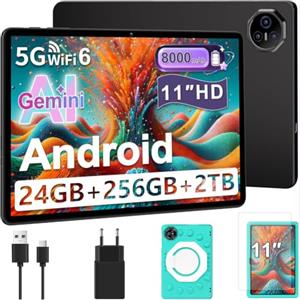 Dghrti Tablet Android 15, 11 Pollici Tablet per Bambini, 24 GB+256 GB/2 TB, Octa-Core, Gemini AI/Widevine L1, 8000 mAh, 13 MP+5 MP, Tablet PC Grandi Dimensioni con Custodia Protettiva in Silicone EVA-Grigio