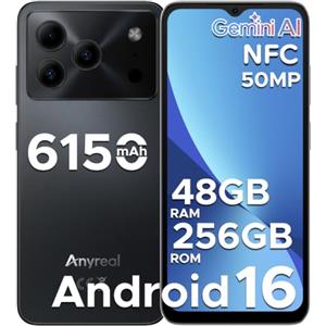 ANYREAL Note 56 Plus Smartphone Android 16, 48GB+256GB/TF 2TB Cellulari, 50MP+8MP, 6150mAh Telefono Cellulare, 6.56" 90Hz Octa-Core Telefoni, Face ID/4G Dual SIM/Widevine L1/NFC - Nero