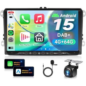 VECHTEL 4G+64G DAB+ Autoradio Android 15 per VW Golf 5 6 Passat Jetta Caddy EOS T5 Tiguan Touran CC Polo, 9" Schermo co Carplay Android Auto senza Fili GPS WiFi USB Tipo-C Bluetooth FM RDS Retrocamera