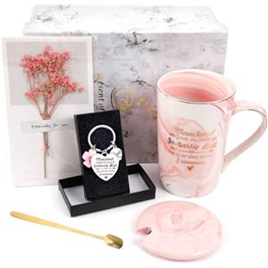Dadabig Tazza da caffè per Regali di Donne, Regalo Donna Tazza con Coperchio Cucchiaio Portachiavi e Biglietto d'auguri, Ideale Regali di compleanno per Donne Mamma Amiche Colleghe (Rosa)