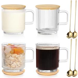 Anhow 4 Pezzi Tazze Cappuccino, Tazze Colazione con Coperchio e Cucchiaio Tazza Caffè Vetro per Latte, Caffè, Avena, Yogurt, Fiocchi D'avena - 350 ml, Trasparente