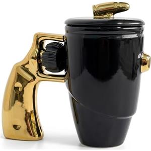 ZONSUSE Tazza Ceramica Revolver con Coperchio, Tazza da Caffè Divertente con Manico Girevole, Mug Colazione, Regalo Militare Originale per Colleghi, Veterani e Appassionati di Arm, 500 ml (Oro)