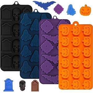 Webake 4 stampi in silicone per cubetti di ghiaccio di Halloween | Stampo a forma di zucca, teschio, fantasma, pipistrello, ragnatela, tomba, lapistrello, per Halloween, cioccolato, caramelle