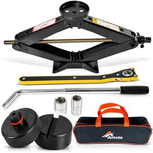 AMVIA Cric per Auto 3 T | Cric a Forbice con Gomma Universale & Tesla | Gomma Tesla, Gomma Universale, Cambio Pneumatici, Kit di Emergenza, Chiave Inclusa, Assistenza Stradale