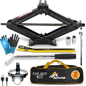 AMVIA Cric per Auto 2 T | Cric a Forbice Universale Portatile per SUV e Auto | Kit di Emergenza Universale, Chiave Inglese Inclusa, Cambio Pneumatici, Assistenza Stradale