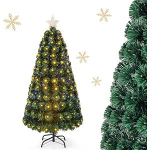 RELAX4LIFE Albero di Natale Artificiale 150cm con Luci Gialle Calde in Fibre Ottiche e Addobbi: 1 Stella e Luci LED, Rami Folti e Realistici in PVC, Base Pieghevole in Ferro