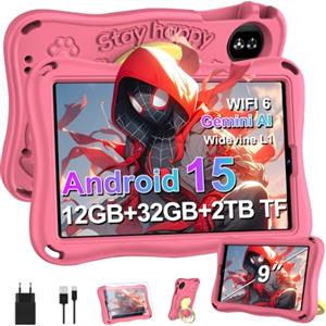 SUAAT 2026 Tablet per bambini 9 pollici Android 15 con 12 GB di RAM + TF 1 TB, 5G WiFi, Octa-Core, Widevine L1, controllo parentale, 5000 mAh, 1340 x 800, BT 5.0, per bambini con custodia EVA - Rosa