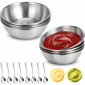 VINATO 8 Ciotoline + 8 Cucchiai in Acciaio Inox, 135ml, per Sushi e Salse | Facile da Pulire, Impilabile, 9x3 cm, 135ml, 8 Ciotoline + 8 Cucchiai, per Sushi, Salse, Aperitivo, Ristorante