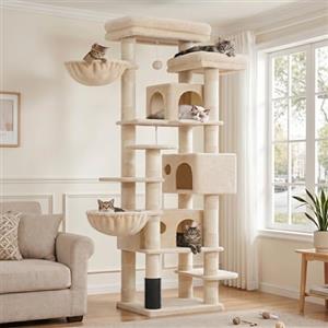 Hey-brother Tiragraffi per Gatti XXL, Albero per Gatti alto 188 cm a più livelli, Dotato di 2 Grandi Piattaforme, 2 Ceste,Palline Pelose e Colonne di Sisal per Graffiare, bianco beige 0EMPJ035-MM