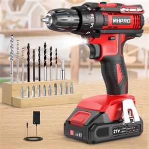 MHPRO Trapano Avvitatore a Batteria 21 V, 42 Nm, con 1 Batteria da 2,0 Ah | 18+1 impostazioni, 2 velocità, luce LED, 20 accessori e caricabatterie per avvitare e forare legno e metallo