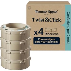 Tommee Tippee Ricariche originali per mangiapannolini Twist & Click | confezione esclusiva da 4 ricariche di 10, 5 metri l'una, praticità e risparmio, 4 X 10, 5 m (la confezione può variare)