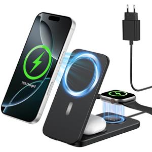 XNYAND Caricatore Wireless 3 in 1 per iPhone, Apple Watch e AirPods | Stazione di ricarica magnetica pieghevole per 3 dispositivi, per iPhone, Apple Watch e AirPods a casa o in viaggio