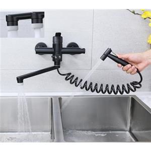 SkyPanda Rubinetto da cucina, montaggio a parete, da cucina con pistola a spruzzo, girevole a 360°, tubo girevole da 23 cm, caldo e freddo, 4 modalità di funzionamento, acciaio inox 304, nero