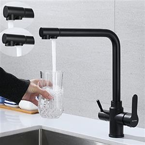 SkyPanda Rubinetto cucina a 3 vie, rubinetto acqua potabile con doppia leva, Osmosi penetrazione 3 in 1, miscelatore rotante a 360°, con 2 uscite, acciaio inox SUS304, Nero Opaco