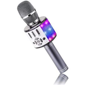 BONAOK Microfono Bluetooth senza fili, microfono per bambini con luci LED, mini macchina karaoke per festa/casa/compleanno, compatibile con Bluetooth iOS Android (grigio laterale)