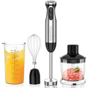 Bonsenkitchen Frullatore a Immersione 4-in-1, Piede in Acciaio Inox, 1000W | Mixer Elettrico con Regolazione della Velocità Progressiva, Frusta, Tritatutto da 500 ml e Misurino da 700 ml, HB3203