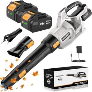 KUZUPRO Soffiatore a Batteria KUZUPRO per Foglie, 21 V, 2 Batterie da 4,0 Ah | Caricabatterie incluso, portata d'aria fino a 3,6 m³/min, 3 velocità, tracolla e 2 ugelli per giardino e terrazza