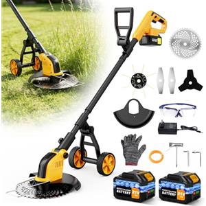 reffmov Decespugliatore a Batteria, 30CM Tagliaerba a Batteria con 2 Batterie da 3.0AH,Tagliaerba Elettrico con Ruota,Motore Senza Spazzole 800W,4 Tipi di Lamelle per Taglio Di Giardini, Prati,Arbusti