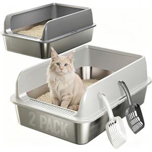 Eosarcu 2 Pezzi Lettiera Gatto Acciaio Inox, 60 x 40 x 20 cm grande lettiera in acciaio inox, con bordo alto, per gatto, pala per gatti (L)