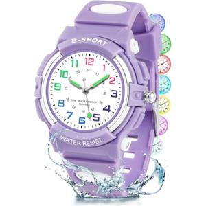 DTKID Orologio Bambini Analogico, Luci 7 Colori, Impermeabile 3 ATM | Illuminazione colorata, movimento al quarzo, materiale in pelle, adatto per regali di 5-18 anni
