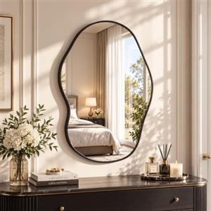MAMIZO Specchio asimmetrico da parete, 61x91cm, specchio ingresso, Nero | Specchio decorativo, cornice in alluminio, vetro temperato, per soggiorno, bagno, camera da letto, soggiorno, corridoio