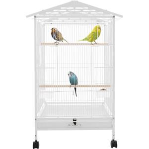 JUDEMII Gabbia per uccelli per pappagalli, 2 porte, voliera in metallo con ruote di trasporto, apertura verso l'alto, gabbia per uccelli con 3 posatoi, ciotola per mangime, vassoio, 46 x 46 x 86 cm (bianco)